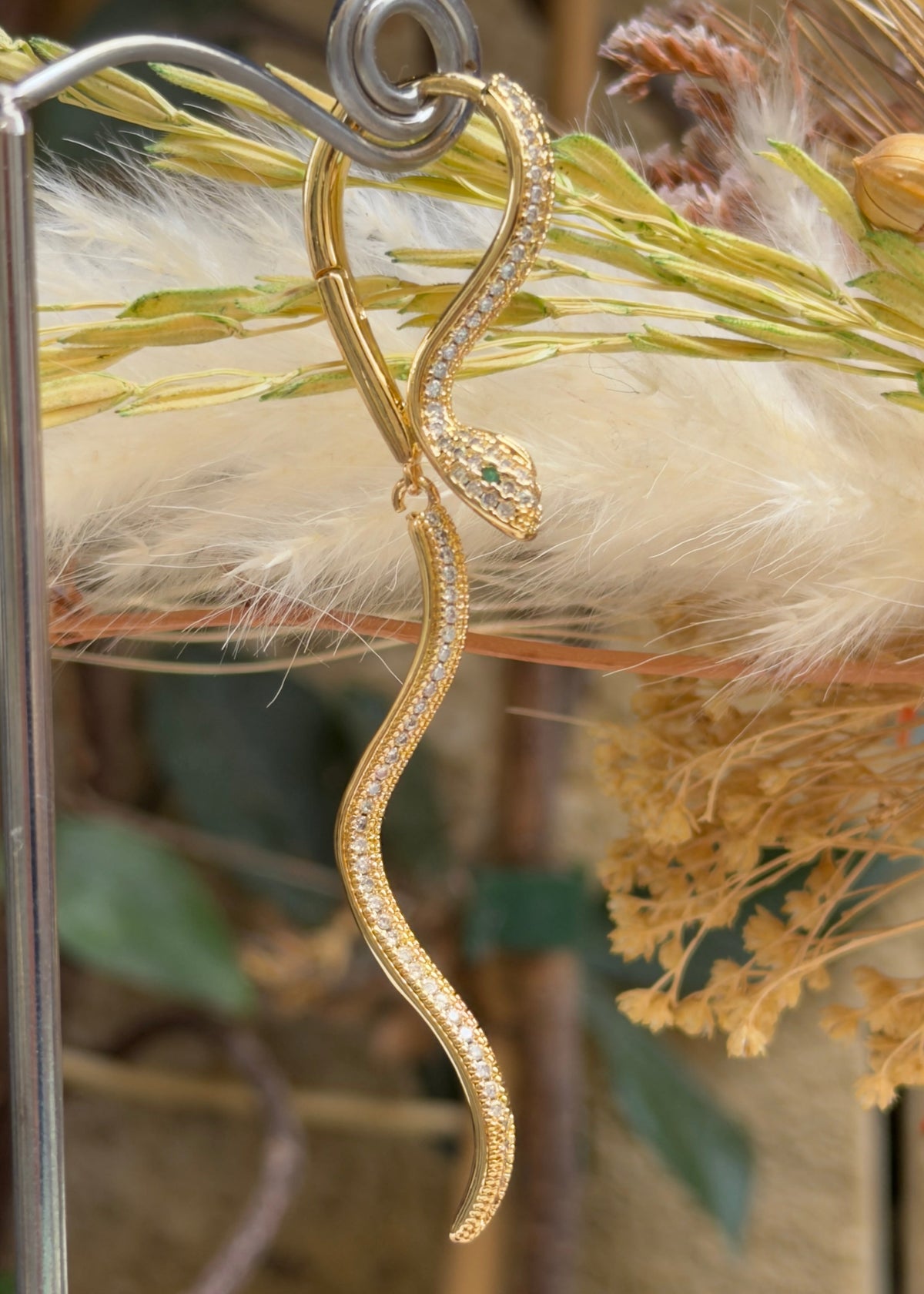 Boucles d’oreilles pendantes en forme de serpent doré, acier inoxydable et strass