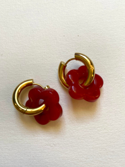 Boucles d'oreilles créoles fleurs rouges