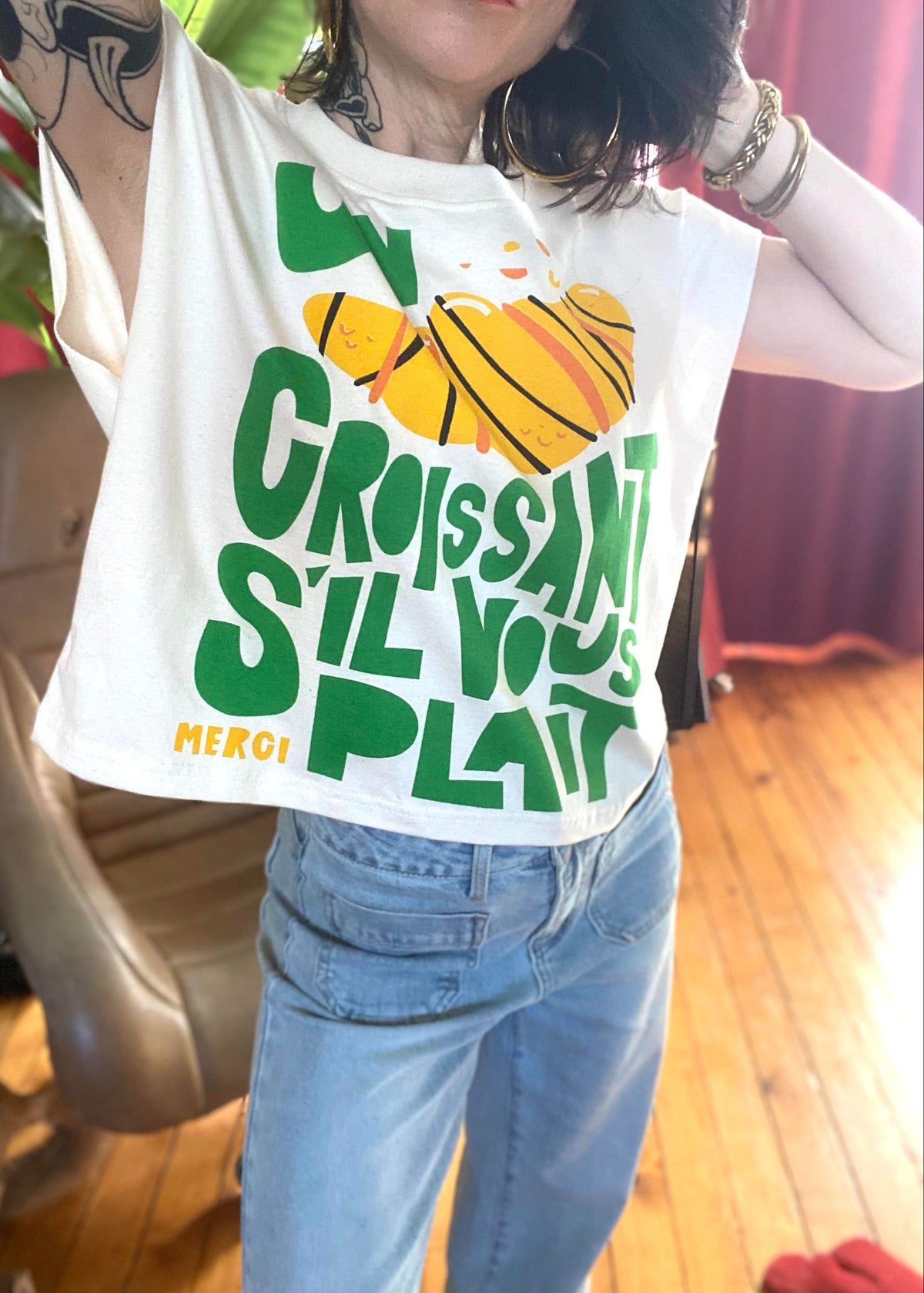 T-shirt en coton à message Un croissant s’il vous plaît, coloris vert