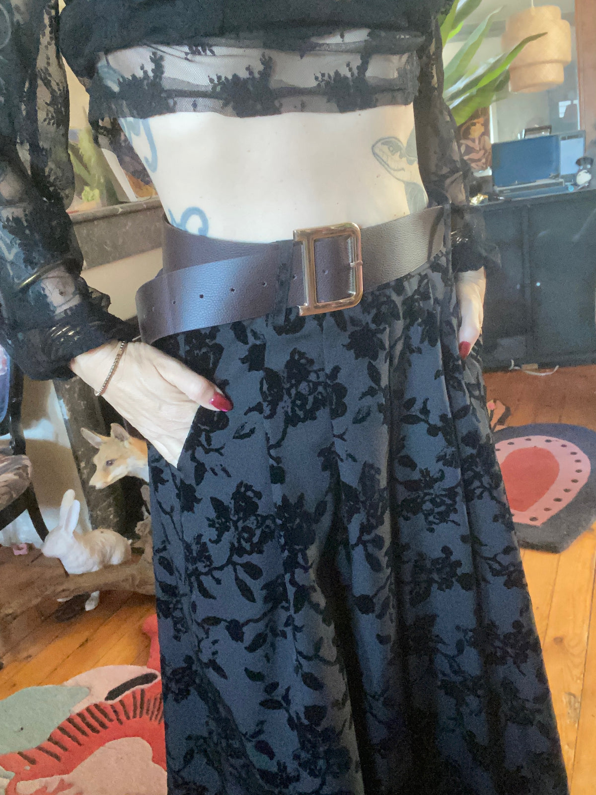Pantalon Large Noir à Imprimé Velours