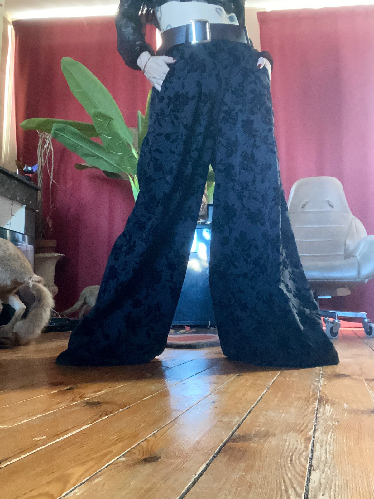 Pantalon Large Noir à Imprimé Velours
