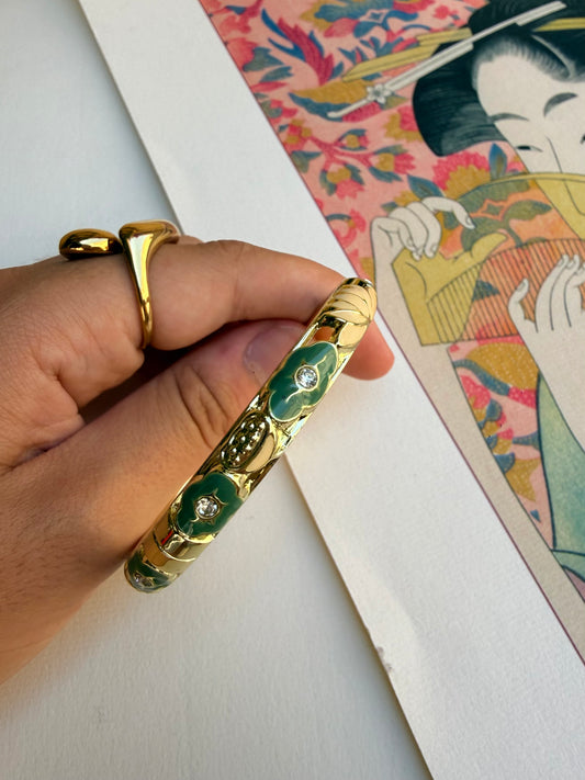 Bracelet Jonc Asiatique Lotus Doré & Vert