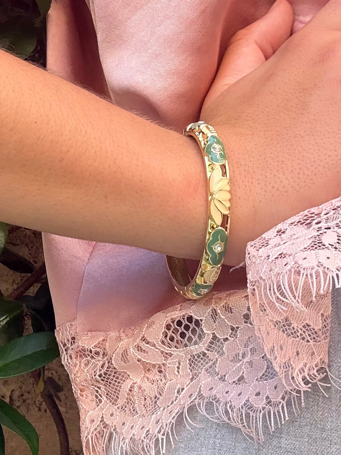 Bracelet Jonc Asiatique Lotus Doré & Vert