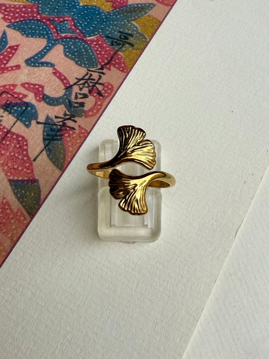 Bague ginkgo dorée acier inoxydable