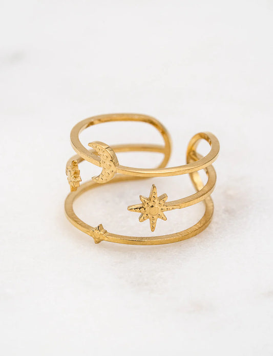 Bague Lune et étoiles en acier inoxydable