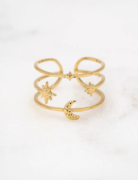 Bague Lune et étoiles en acier inoxydable