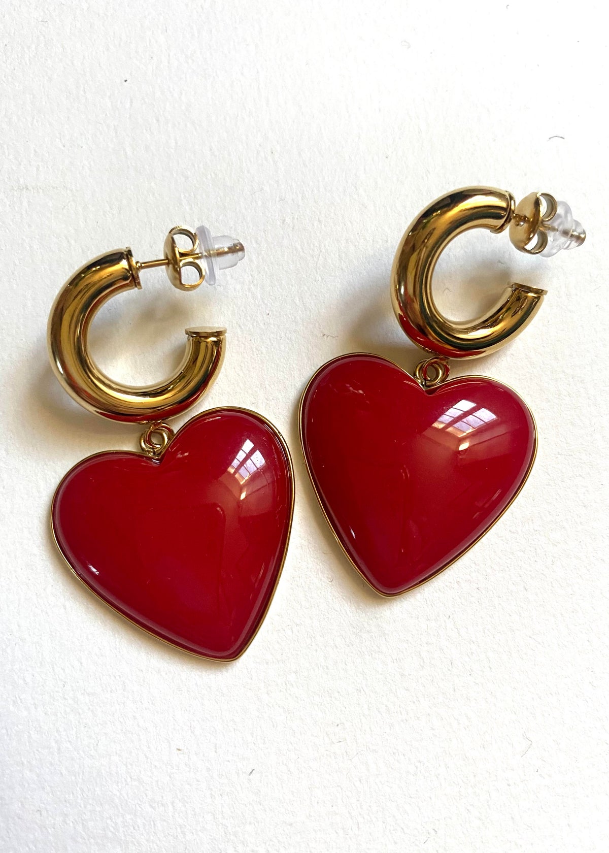 Boucles d’oreilles créoles en forme de cœur, rouge intense, en acier inoxydable