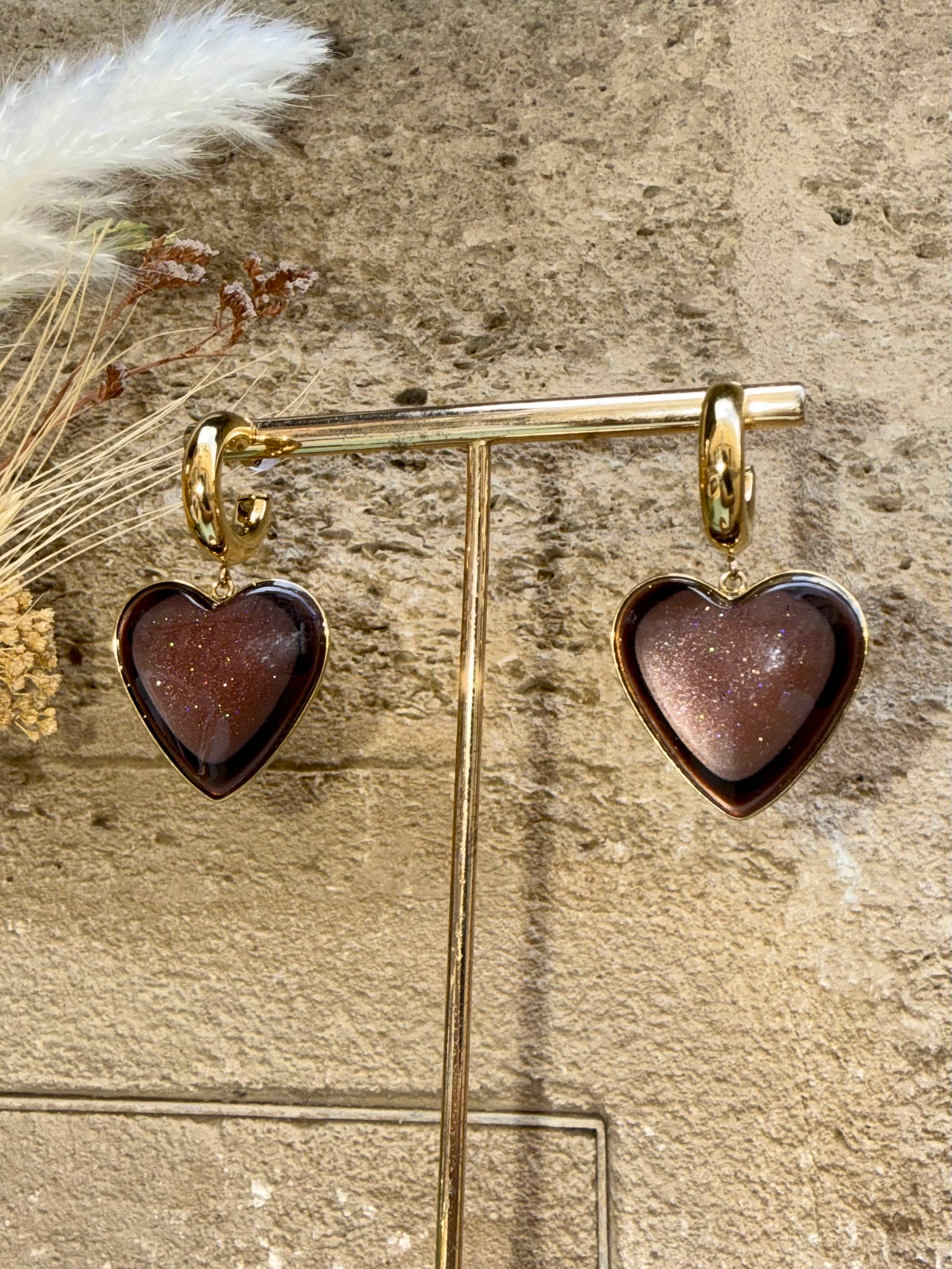 Boucles d’oreilles cœur brun Cat’s Eye