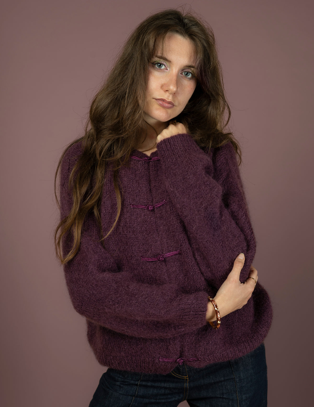 Pull cardigan violet prune – Gilet en maille douce à brandebourgs, manches longues