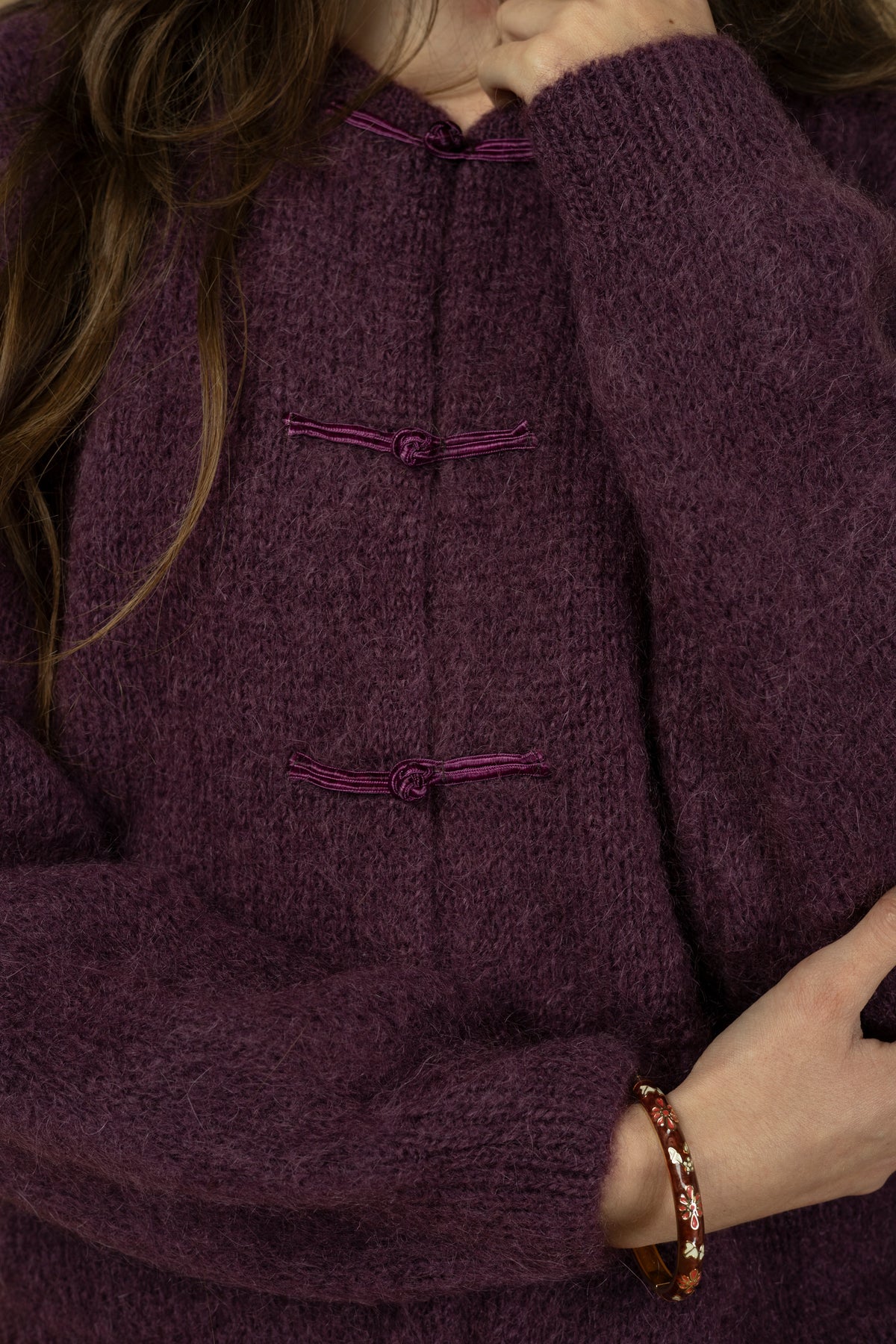 Pull cardigan violet prune – Gilet en maille douce à brandebourgs, manches longues